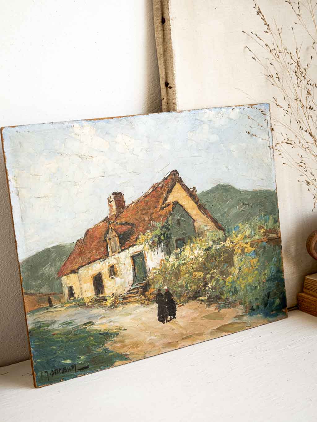peinture huile sur bois Gabriel Deschamps scène rurale