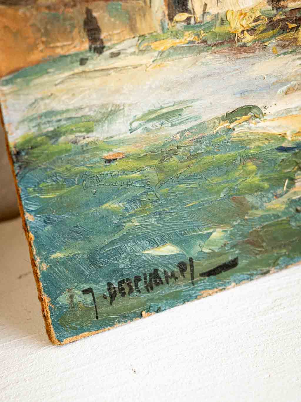 peinture huile sur bois Gabriel Deschamps scène rurale