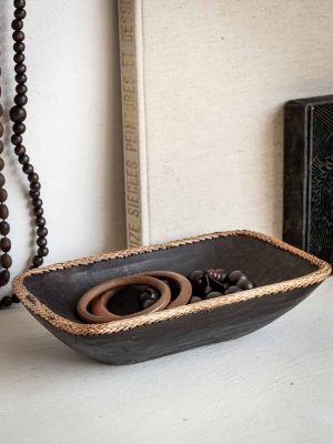 Coupelle ethnique wabi-sabi en bois noir et rotin