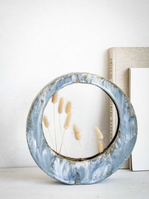Vase mural rond en grès bleu