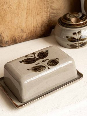 Beurrier en grès de l'Arnon vintage, décor fleur