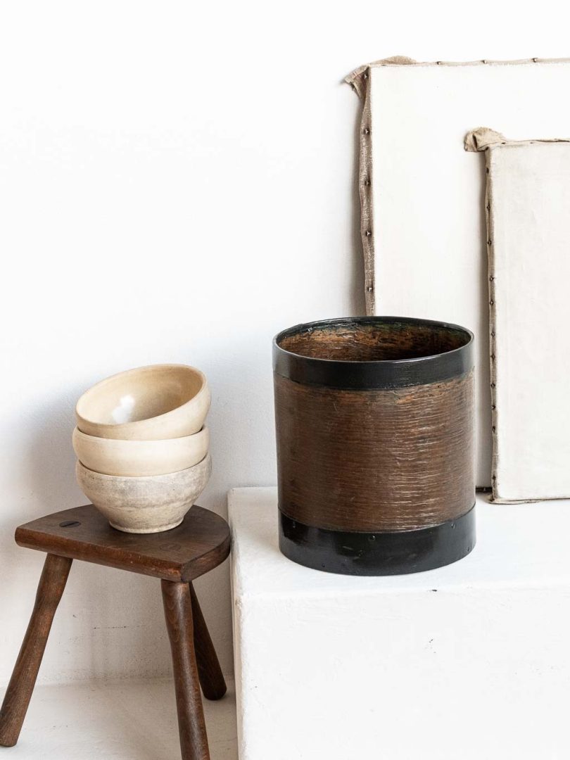 ancienne mesure à grains, boisseau, en bois et métal 10L