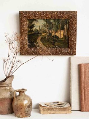 peinture ancien paysage encadrée dans un cadre sculpté.